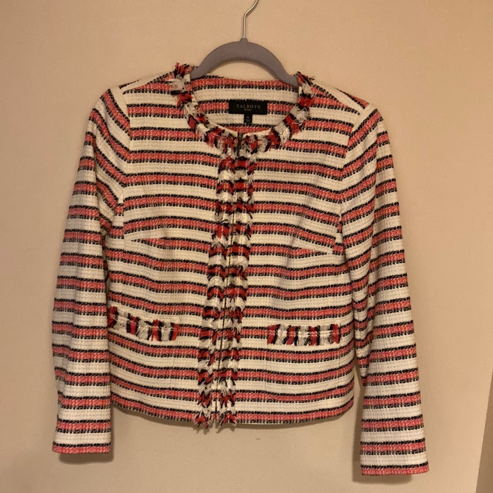 Talbots Red, White and Black Cropped Lined Blazer with Fringe Detail 4P